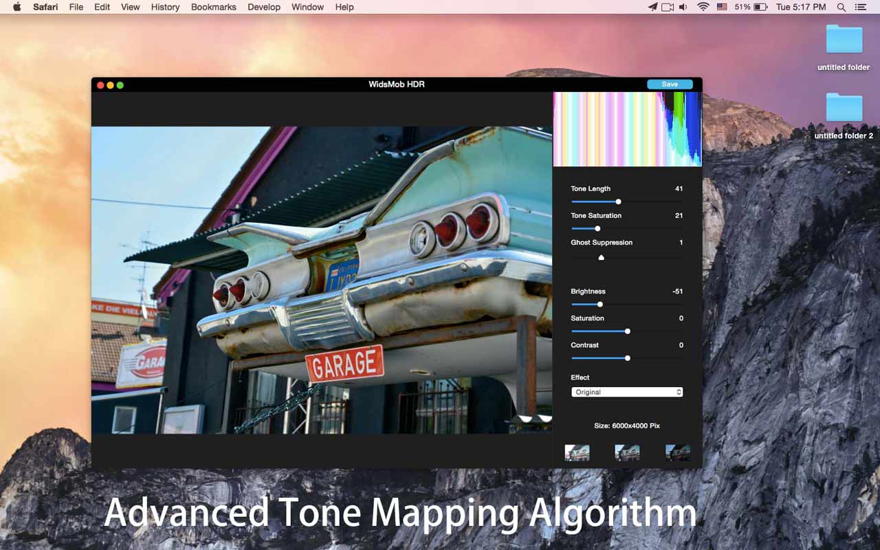 Интерфейс WidsMob HDR на macOS: предпросмотр автомобиля, гистограмма и ползунки Tone Length, Tone Saturation, Ghost Suppression, Brightness, Saturation и Contrast.