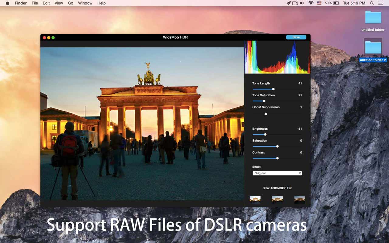Окно WidsMob HDR с фотографией Бранденбургских ворот, гистограммой и панелью тональных настроек; официальный кадр о поддержке RAW.