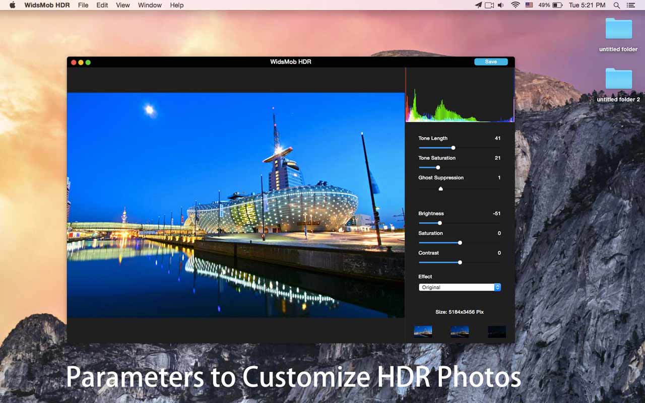 WidsMob HDR с городским ночным кадром и ручными параметрами tone mapping, яркости, насыщенности, контраста и эффекта.
