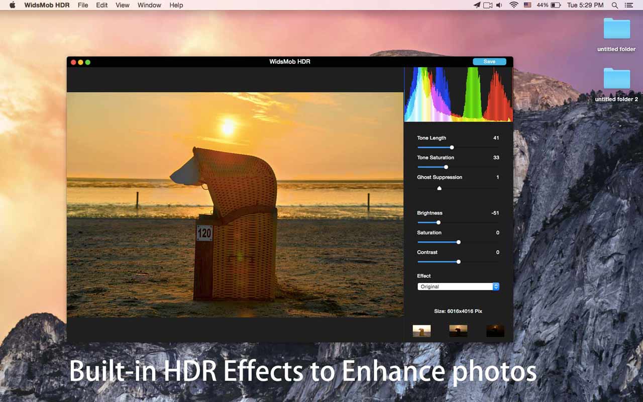 WidsMob HDR с фотографией заката и панелью параметров; официальный кадр, демонстрирующий встроенные HDR-эффекты.