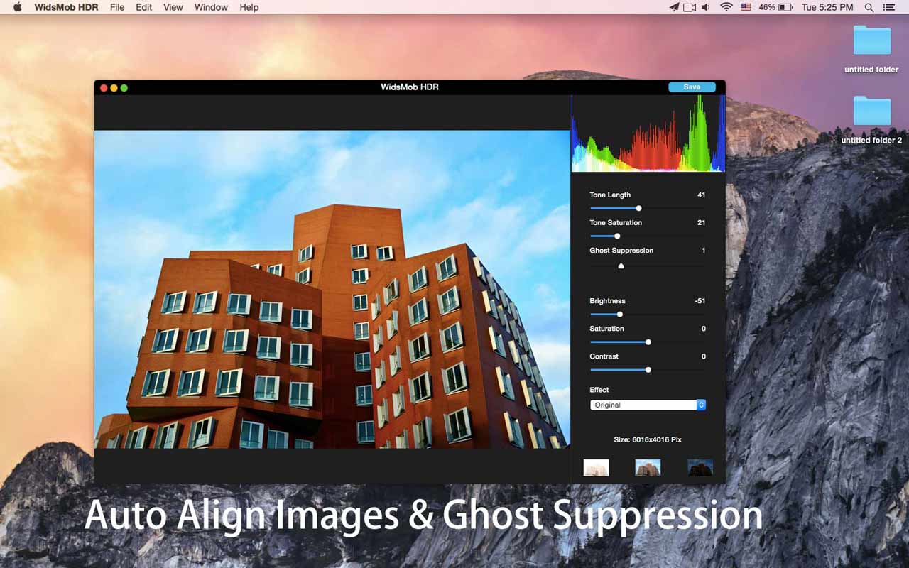 Интерфейс WidsMob HDR с архитектурным кадром и параметром Ghost Suppression; официальный пример auto align и подавления призраков.