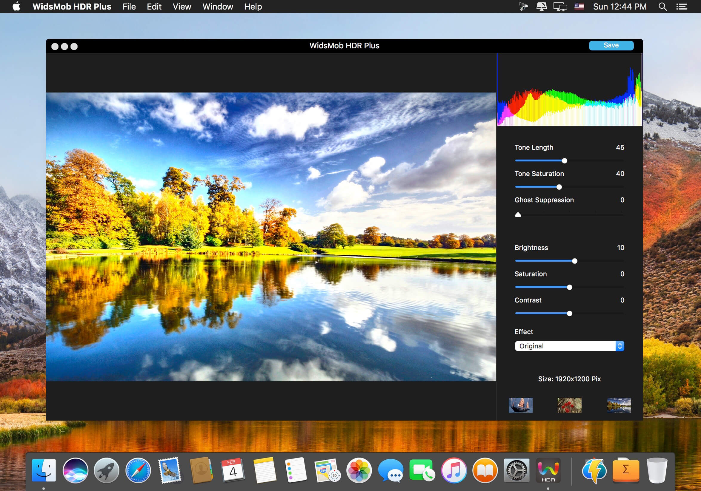 WidsMob HDR Plus на macOS: крупный предпросмотр пейзажа, цветная гистограмма и ползунки Tone Length, Tone Saturation, Ghost Suppression, Brightness, Saturation и Contrast.