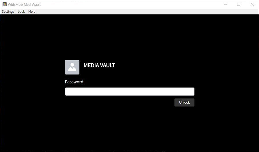 Экран входа WidsMob MediaVault с полем Password и кнопкой Unlock