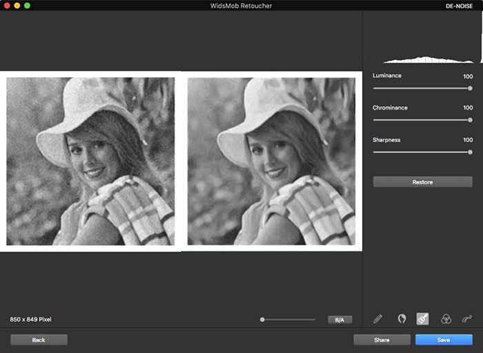 Модуль De-noise со сравнением до и после и регуляторами Luminance, Chrominance и Sharpness