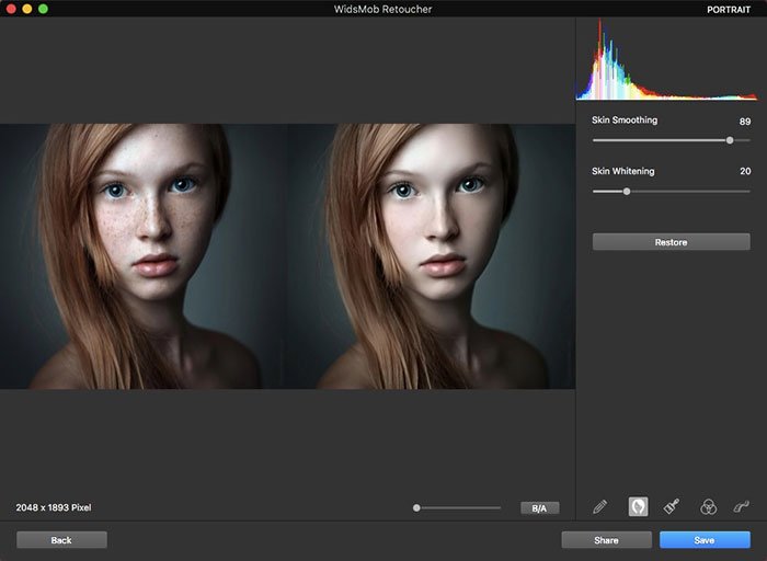 Модуль Portrait со сравнением лица до и после и ползунками Skin Smoothing и Skin Whitening