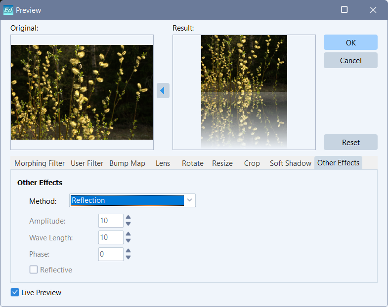 Окно Effects в WildBit Editor с предпросмотром и выбором эффектов