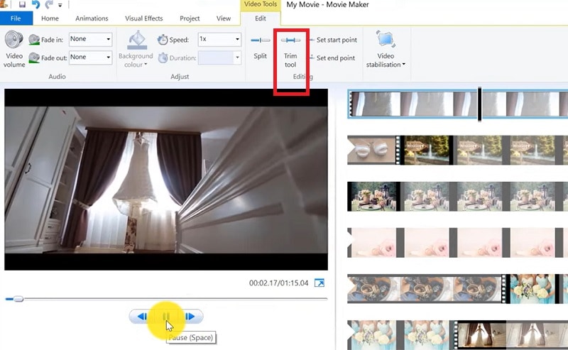 Инструмент Trim tool и команды Set start point и Set end point