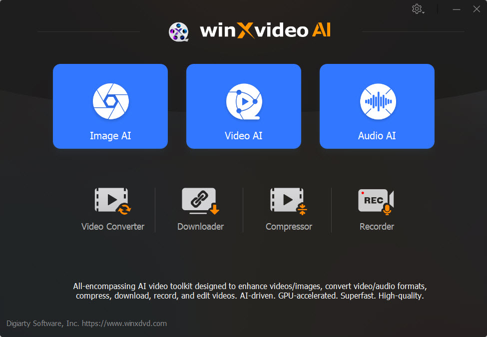 Стартовое окно Winxvideo AI с модулями Video Converter, Compressor и AI-инструментами