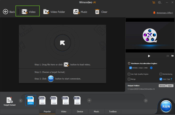 Окно Video Converter с добавлением видео, аппаратным ускорением, выходной папкой и кнопкой RUN