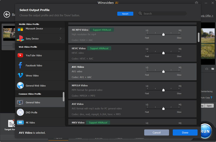Окно Select Output Profile с категориями устройств и профилями 4K MP4, HEVC, AV1 и MKV