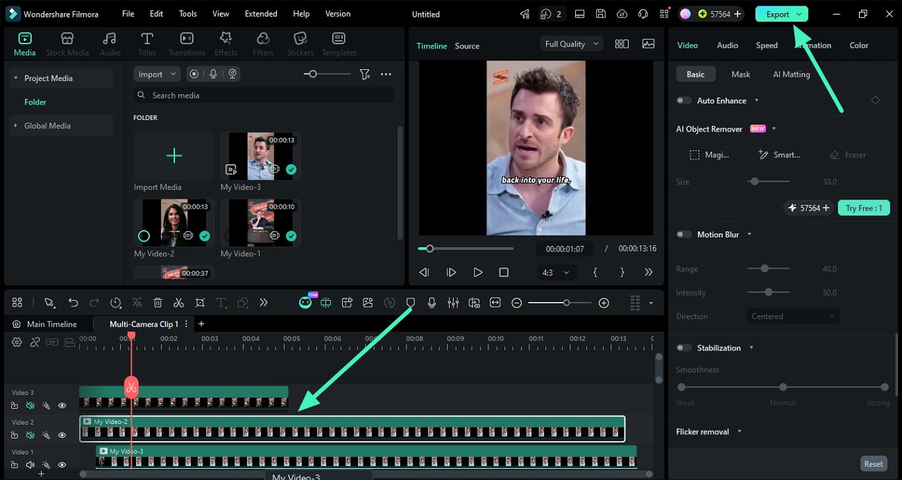Переключение ракурсов в мультикамерном монтаже Filmora