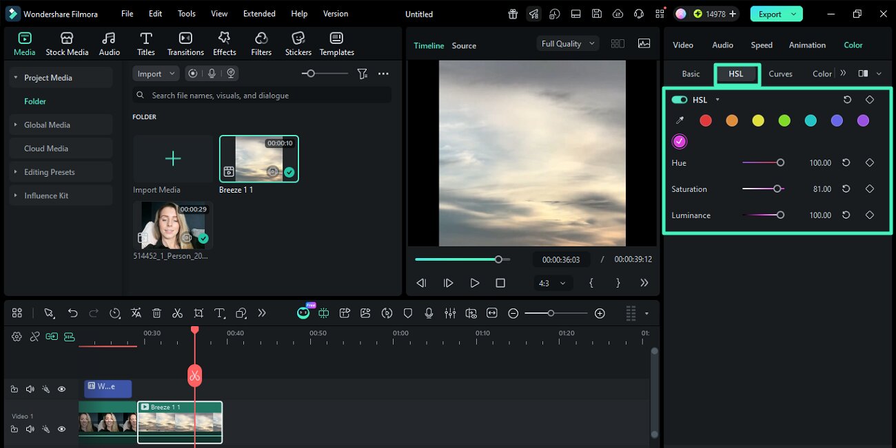 Регулировки HSL в панели цветокоррекции Wondershare Filmora