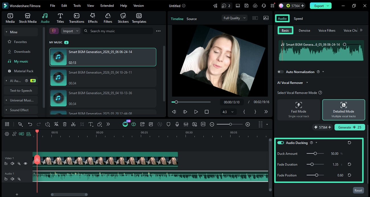 Настройка Audio Ducking для голоса и фоновой музыки в Filmora