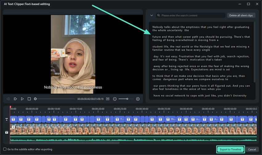 Окно AI Text-Based Editing с расшифровкой видео в Filmora