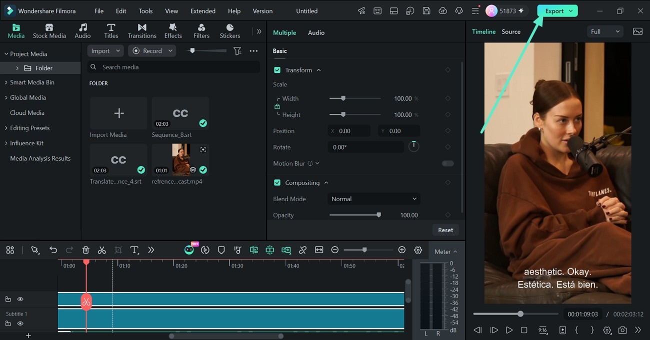 Субтитры после Speech to Text в Wondershare Filmora
