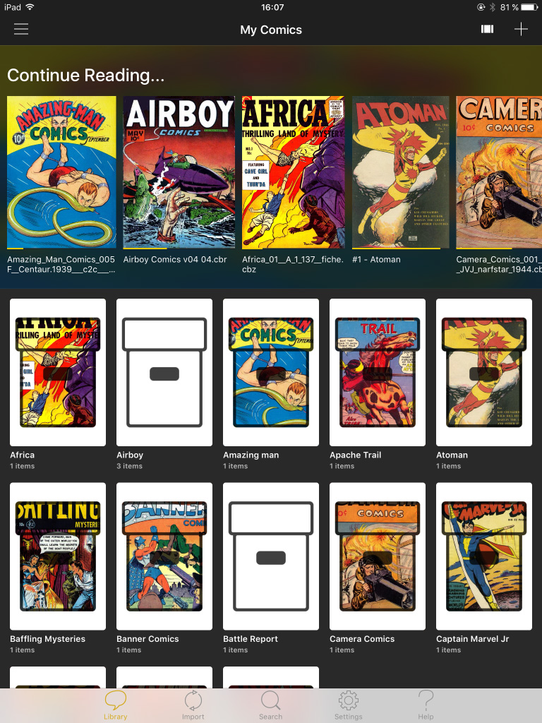 Локальная библиотека YACReader на iPad с Continue Reading и папками комиксов