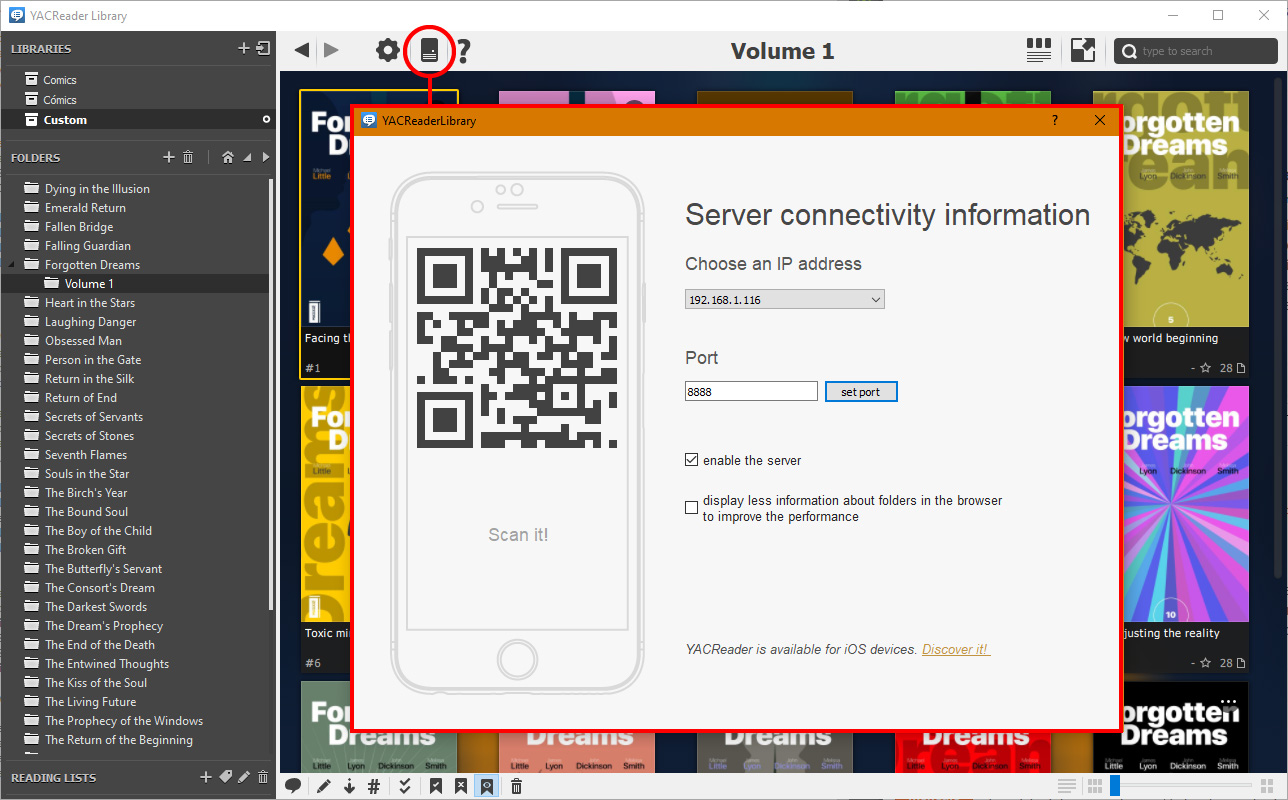 Окно Server connectivity information в YACReaderLibrary с IP, портом и QR-кодом
